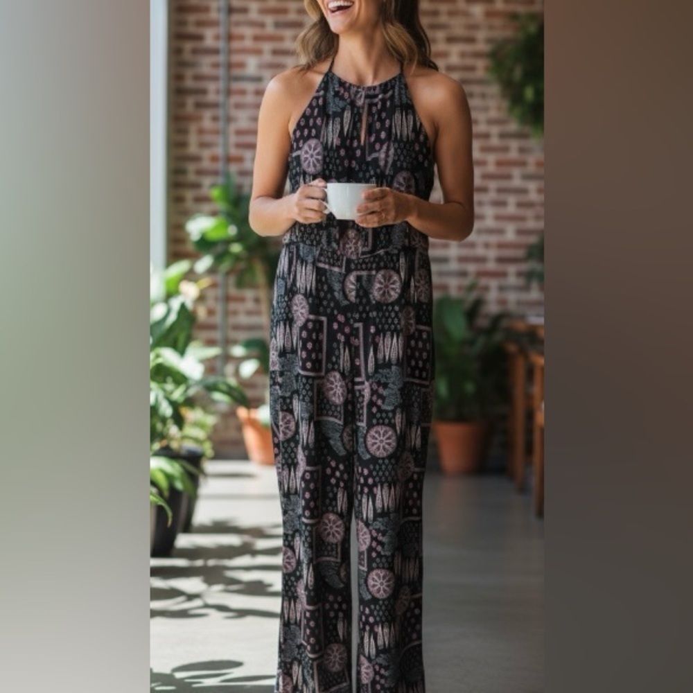 Veronica M Geometric Black and Pink Halter Jumpsuit Size XS - Picture 3 of 16